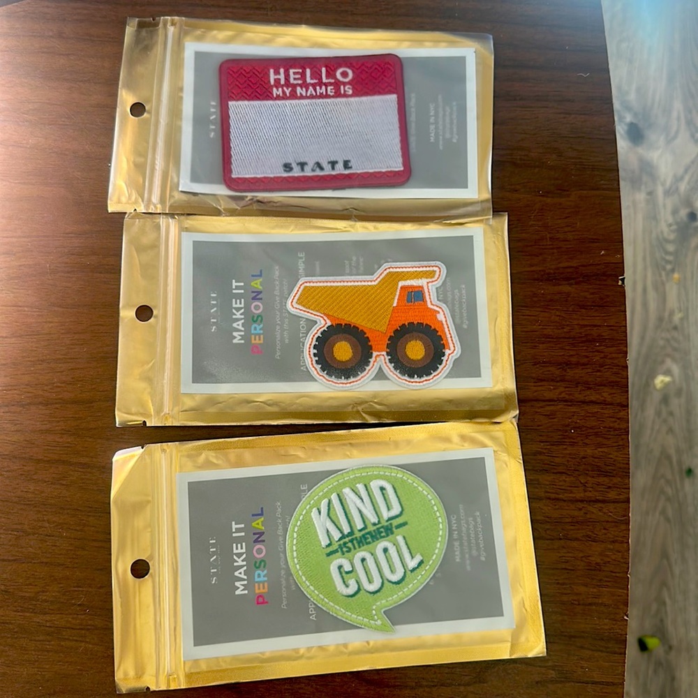 STATE bookbag IRON ON patches (truck, hello, cool)